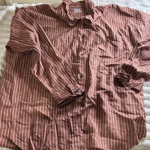 Men's Brown and White Striped Button-Down Shirt